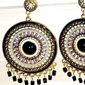 Mandela Earrings, Goldtone with Black & Gray Beading, Post Back Earrings